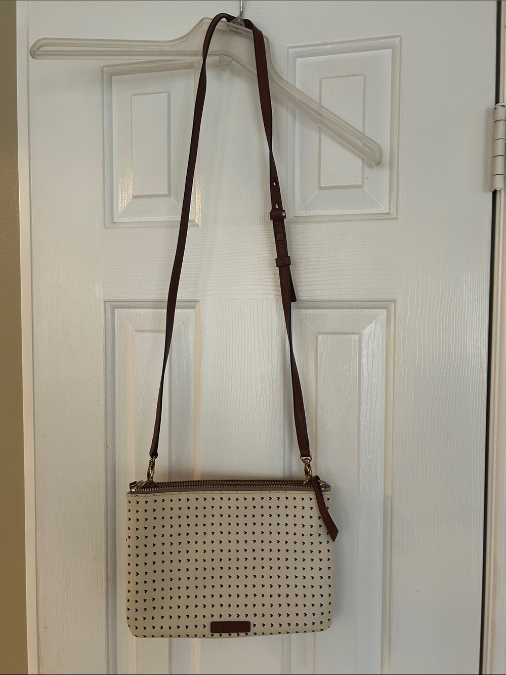 Cream Perforated Crossbody Bag with Brown Adjustable Strap